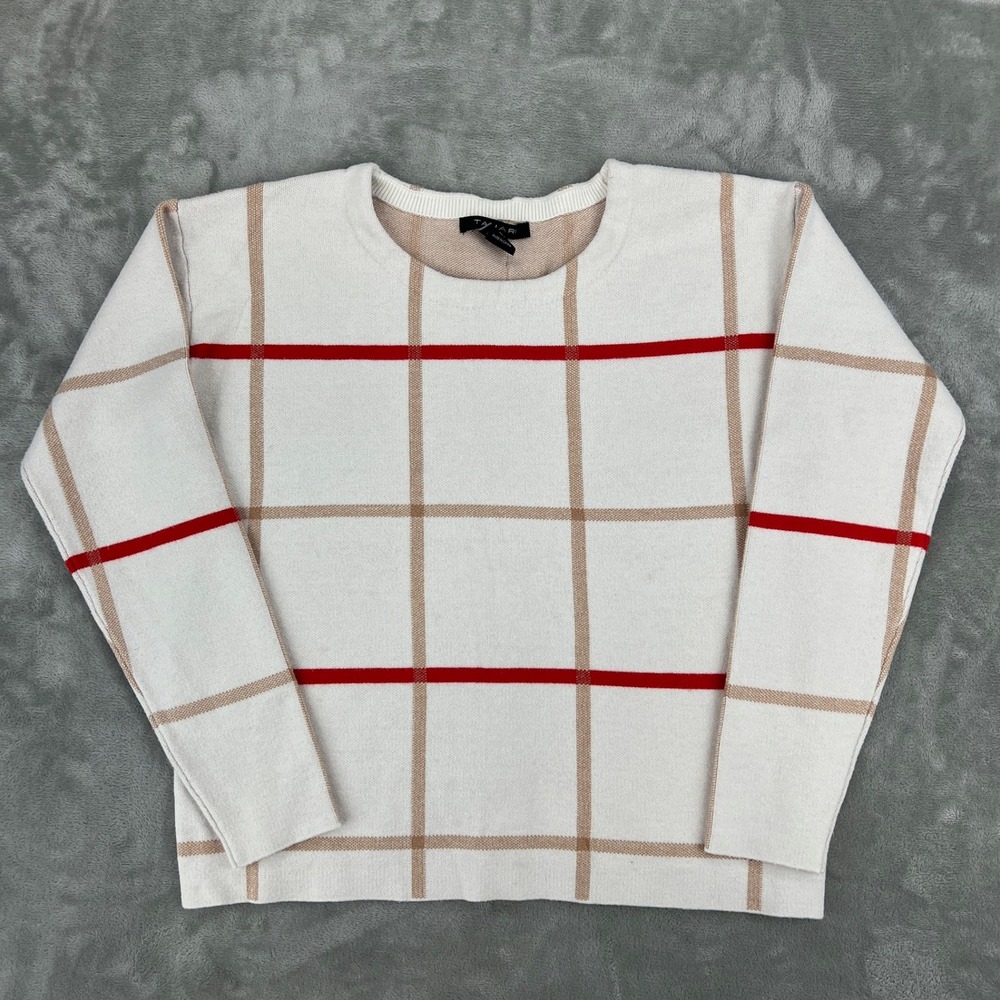Tahari Women White Windowpane Plaid Button Back‎ Knit Sweater Red Tan Small